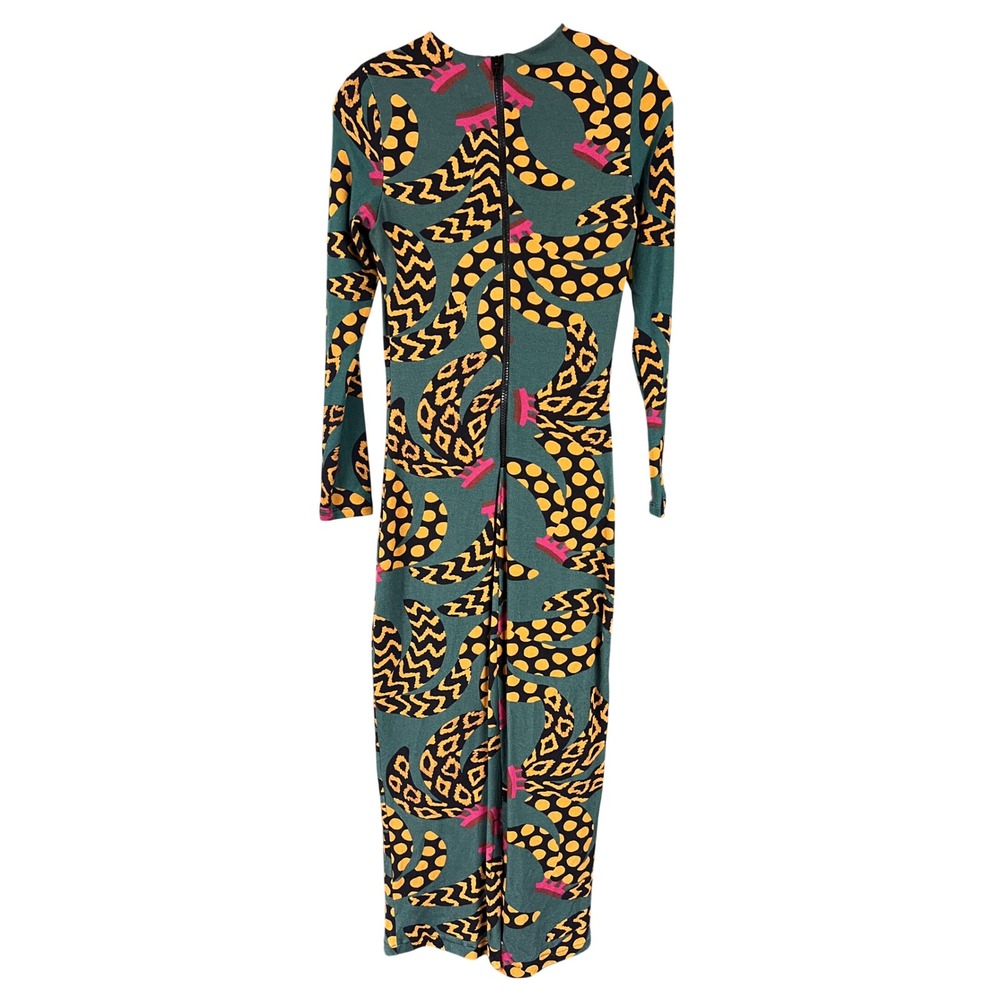 Farm Rio Teal Ethnic Banana Midi Dress Long Sleeve Leopard Print NWT Size Small - Picture 7 of 8